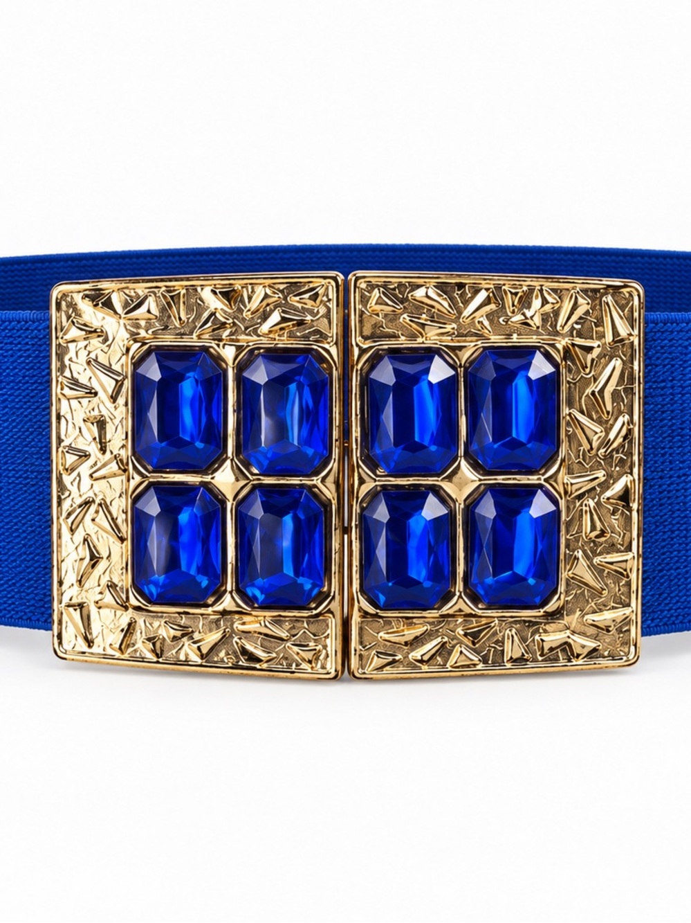 Vintage Cobalt Blue Stretch Belt Gold Tone Jeweled Buckle Adjustable - Picture 3 of 6